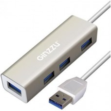 Концентратор Ginzzu GR-517UB 4-х портовый USB 3.0 индикатор питания, встроенный интерфейсный кабель - 20 см, алюминиевый корпус, серебристый